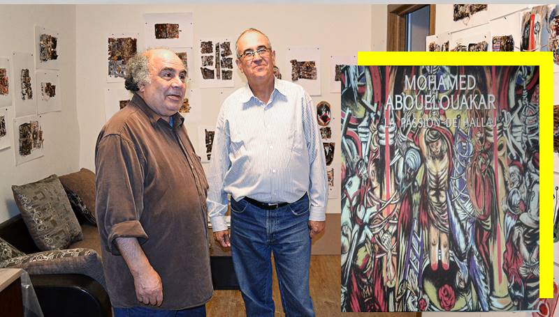 أبو الوقار مع صديقه الصحفي محمد جبريل، وغلاف كتاب "شغف الحلاج" حول أعماله التشكيلية